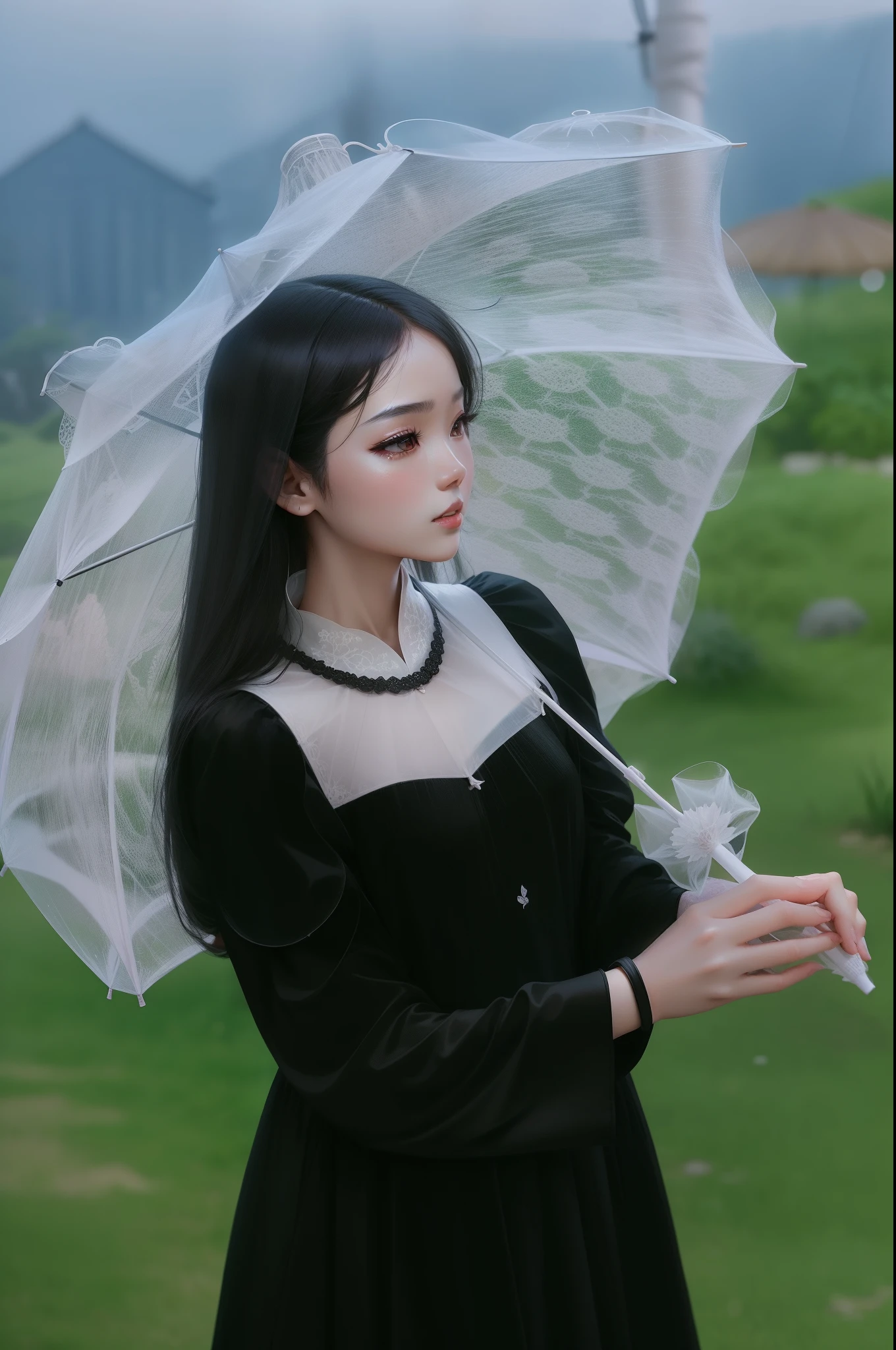 There was a woman in a black dress holding a white umbrella, white transparent veil, an umbrella top, Black umbrella, Umbrella, xintong chen, White Hanfu, holding a umbrella, standing with a parasol, wearing translucent veils, Sun umbrella, A young Asian woman, Chinese girl, wearing translucent sheet, holding a umbrella, Holding an umbrella