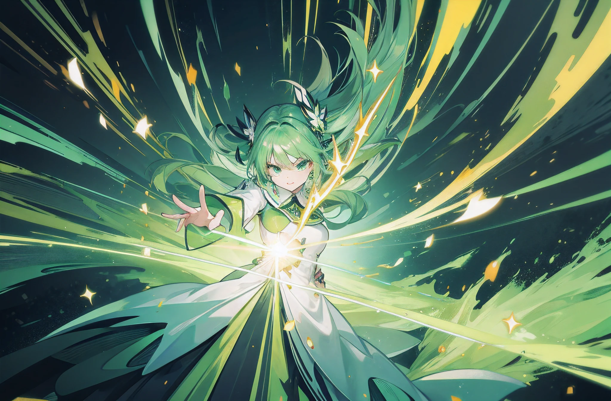 shooting green energy blast, anime fight screen, vibrant green particles