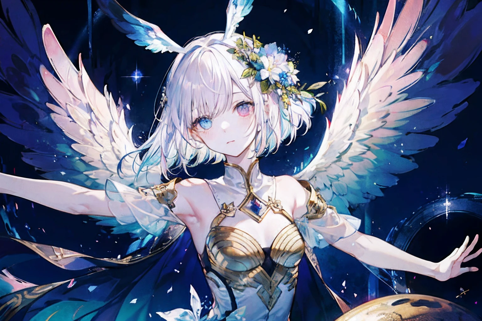 Angels are painted with pale and radiant complexion.、Its eyes have heterochromic eyes.、Its skin seems to glow with an otherworldly glow。He、Symbolizing the Nature of God、Decorated with a pair of sparkling and graceful wings。This scene is amazing and fascinating.、It captures the beauty and mystery of these celestial bodies。Godlike angel、Pale、with light glowing、complexion、Shines、Out of this world、brilliance、Shines、Graceful、wingspan、sacredness、Graceful、魅惑的、a beauty、mistic。