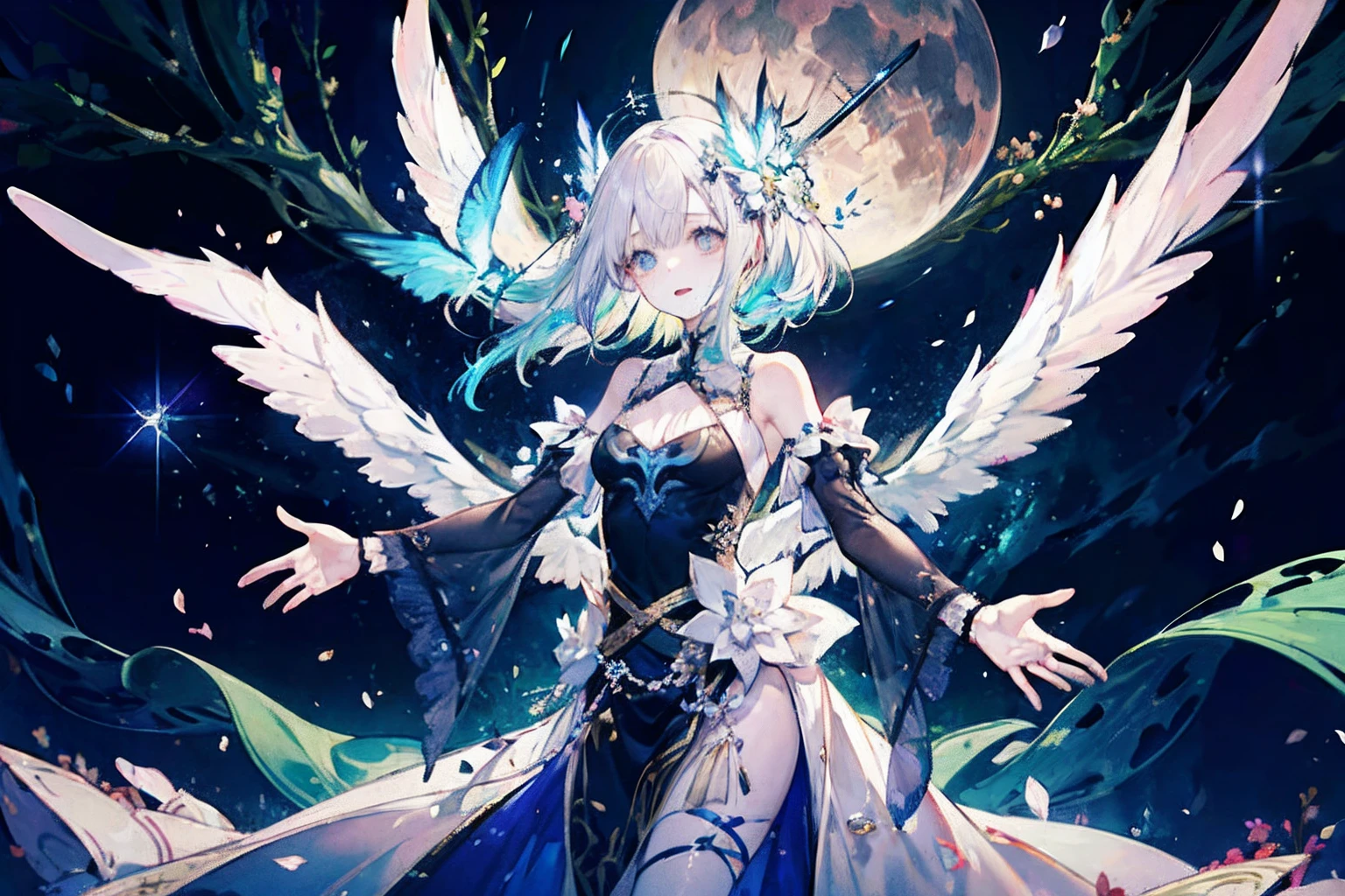 Angels are painted with pale and radiant complexion.、Its eyes have heterochromic eyes.、Its skin seems to glow with an otherworldly glow。He、Symbolizing the Nature of God、Decorated with a pair of sparkling and graceful wings。This scene is amazing and fascinating.、It captures the beauty and mystery of these celestial bodies。Godlike angel、Pale、with light glowing、complexion、Shines、Out of this world、brilliance、Shines、Graceful、wingspan、sacredness、Graceful、魅惑的、a beauty、mistic。