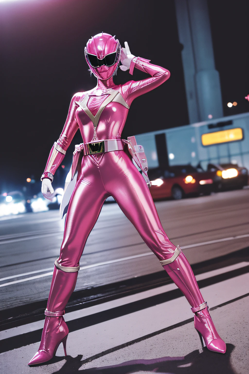 masutepiece, Super Detail, Best Quality, hight resolution, ((Anatomically correct)), power ranger, one girls, (Very shiny pink helmet and suit), Outerwear as much as a miniskirt, fighting poses, ((Big city at night in the background))