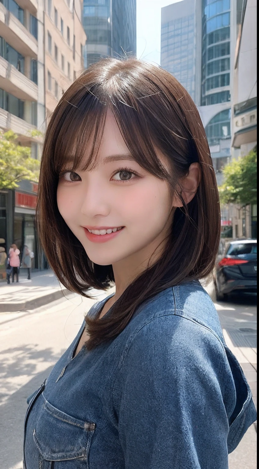 masutepiece, Best quality, illustration, Ultra-detailed, finedetail, A high resolution, 8K wallpaper, Perfect dynamic composition, Beautiful detailed eyes, doress,Medium hair, Mid-chest, Natural color lips, Random and sexy pose,Smile,Castle Peak Street sidewalk、20 years girl