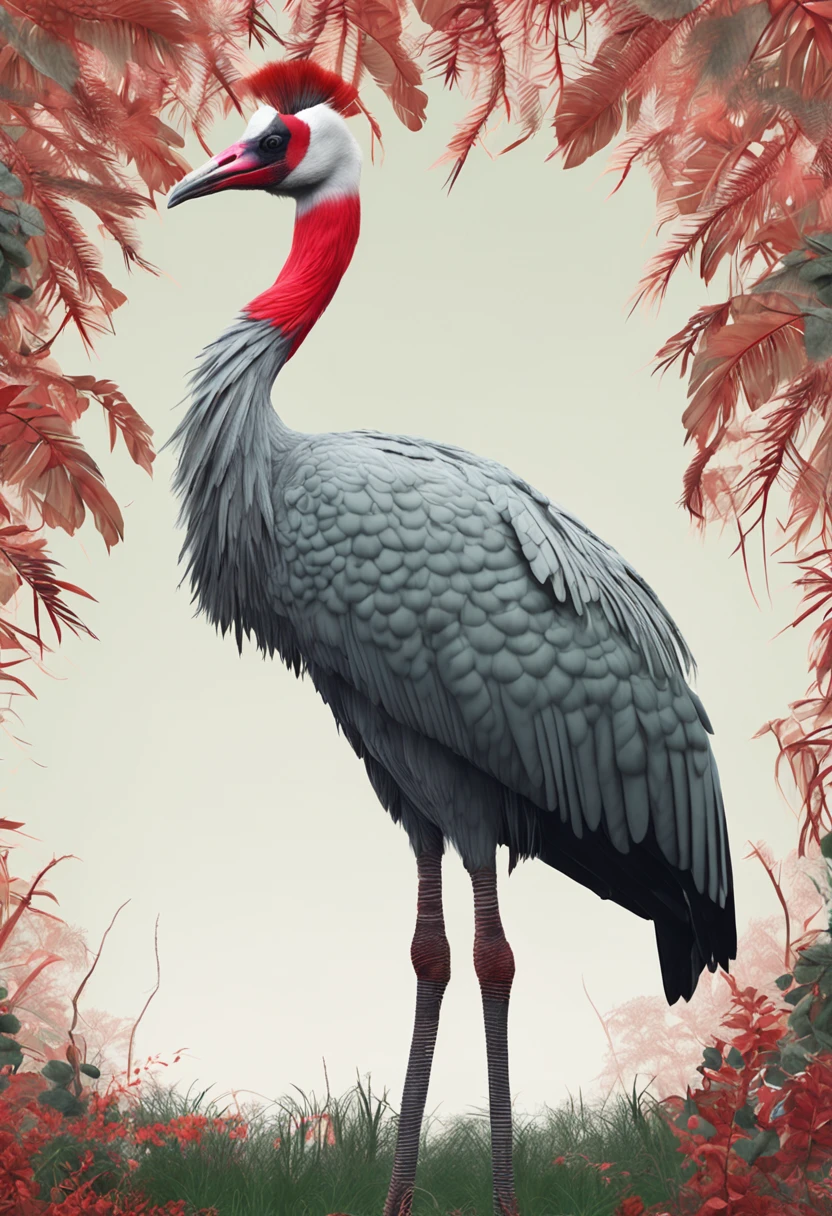 High nation-geographic symmetrical close-up portrait shoot in green jungle of an expressive Sarus Crane, anamorphic lens, ultra-realistic, hyper-detailed, green-core, jungle-core –ar 16:9 –q 2 –v 5