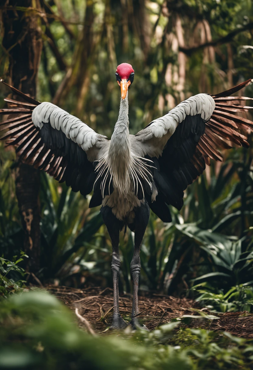 High nation-geographic symmetrical close-up portrait shoot in green jungle of an expressive Sarus Crane, anamorphic lens, ultra-realistic, hyper-detailed, green-core, jungle-core –ar 16:9 –q 2 –v 5