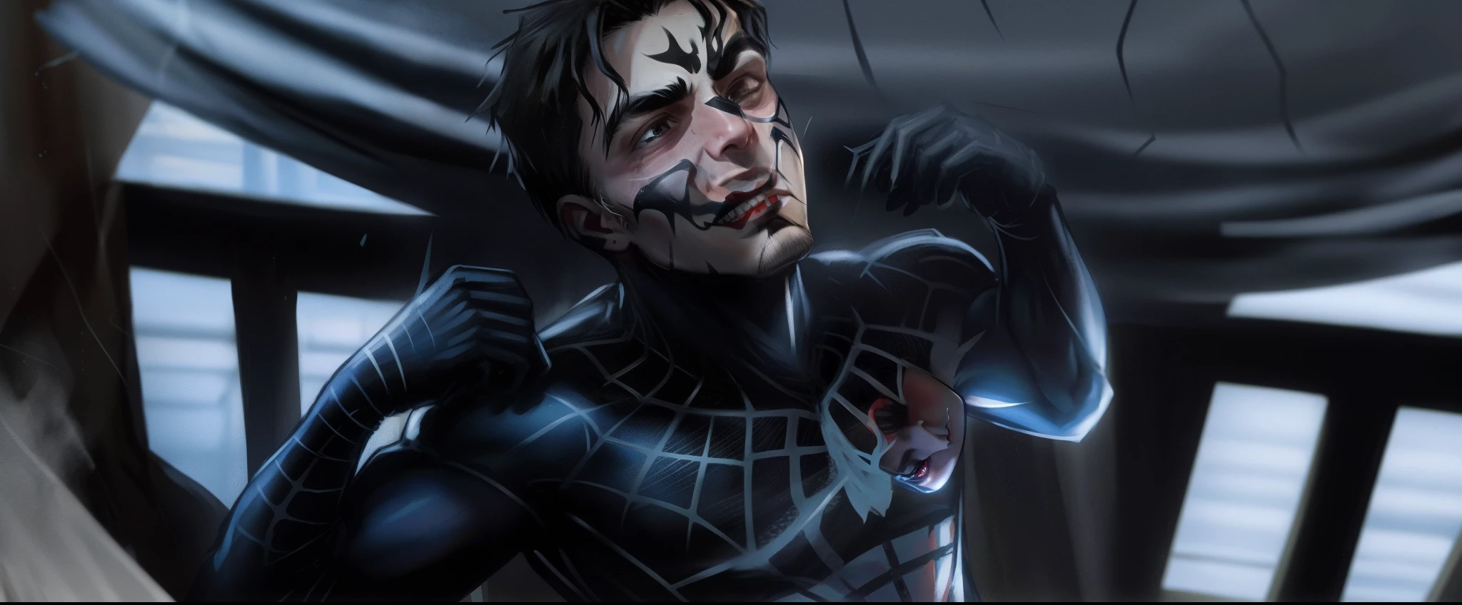 There was a man wearing a black spider tights，Venom undressing,Tobey Maguire，Delicate man face, movie screencap, symbiote, peter parker,Raise your hands and pull out the black tentacles，Black tentacles on the face，