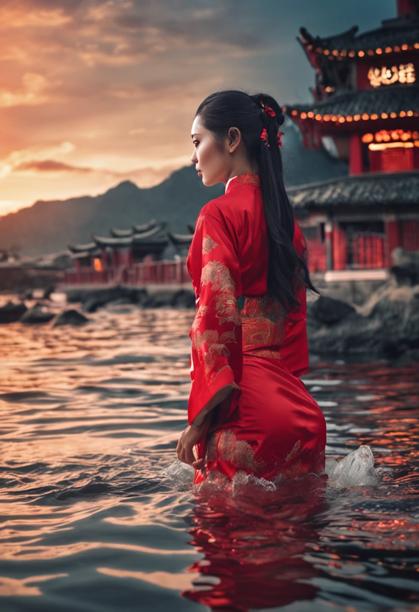 oriental girl,Lewdness,Red cheongsam swimsuit,Long flowing hair,clothes wet