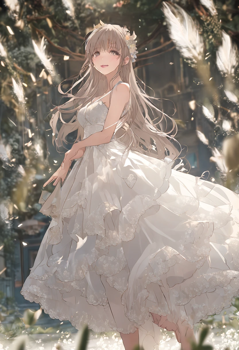 ((Best Picture Quality, 8k, tmasterpiece:1.3)), 2 beauties, Slim beauty:1.3, Long pale chestnut hair with curls, White tulle dress:1.1, Ultra-fine face, 詳細な目, 二重まぶた, ssmile, Thick eyelashes, Home