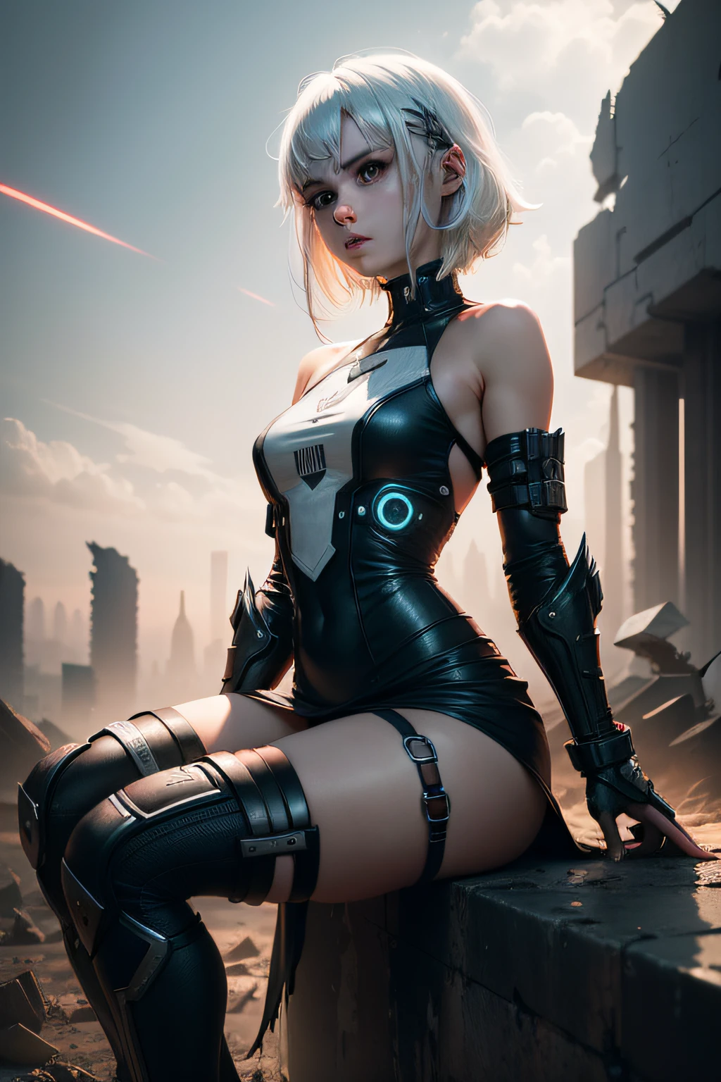 A girl full of energy and strength,cyber punk perssonage,Battle ruins,Shoulder-length white hair,Sit high,White skin tone