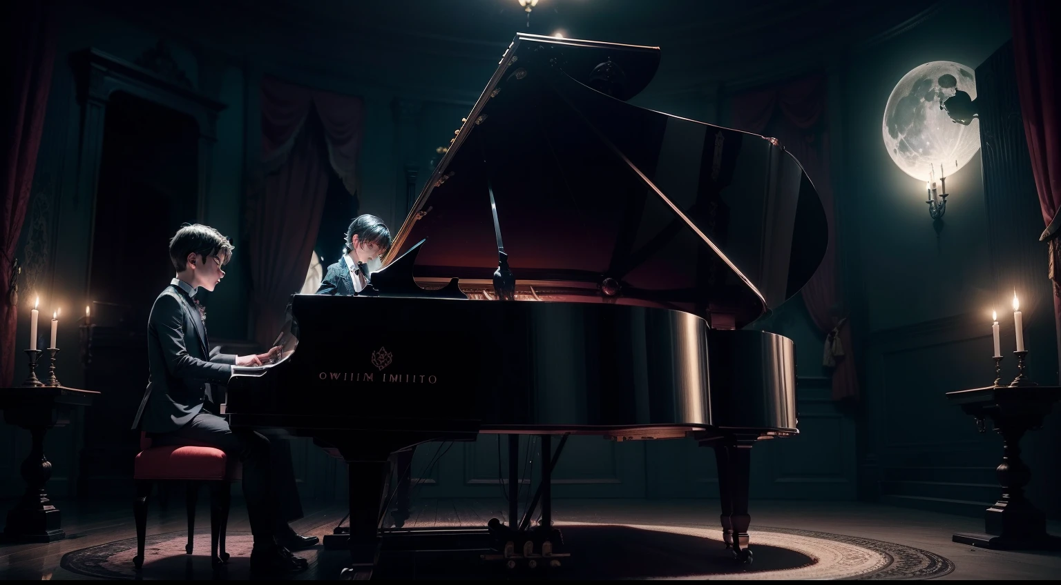 Two identical boys inside a dark and creepy mansion at night playing the piano alongside a sinister orchestra, Music notes, music, Horror music, cores escuras e sombrias, Magic Flashes, moon illumination, magic lights, cinemactic