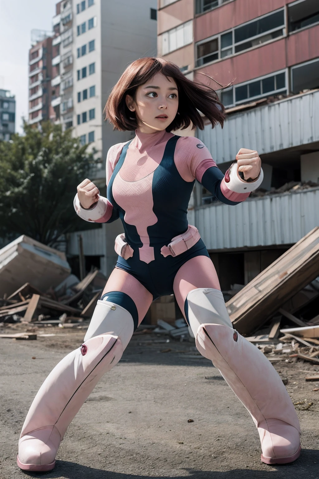 masterpiece, best quality, highres, hmochako, blush stickers, short hair, medium breasts, superhero, bodysuit, boots, ruins, building, fighting stance, clenched hands,