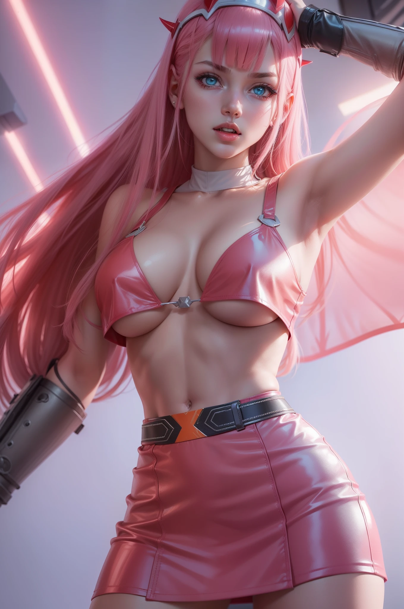 ((Zero Two Darling en el Franxx)), 8k, ojos azules, Obra maestra, La mejor calidad, fotorrealista, Ultra detallado, 1 girl, textura realista de la piel, tetas grandes, Visor de caras, (((Underboob)), ((Tit belt)), Bajo el pecho, cabello rosado, movie lighting, Micro mini latex skirt, Vemos su