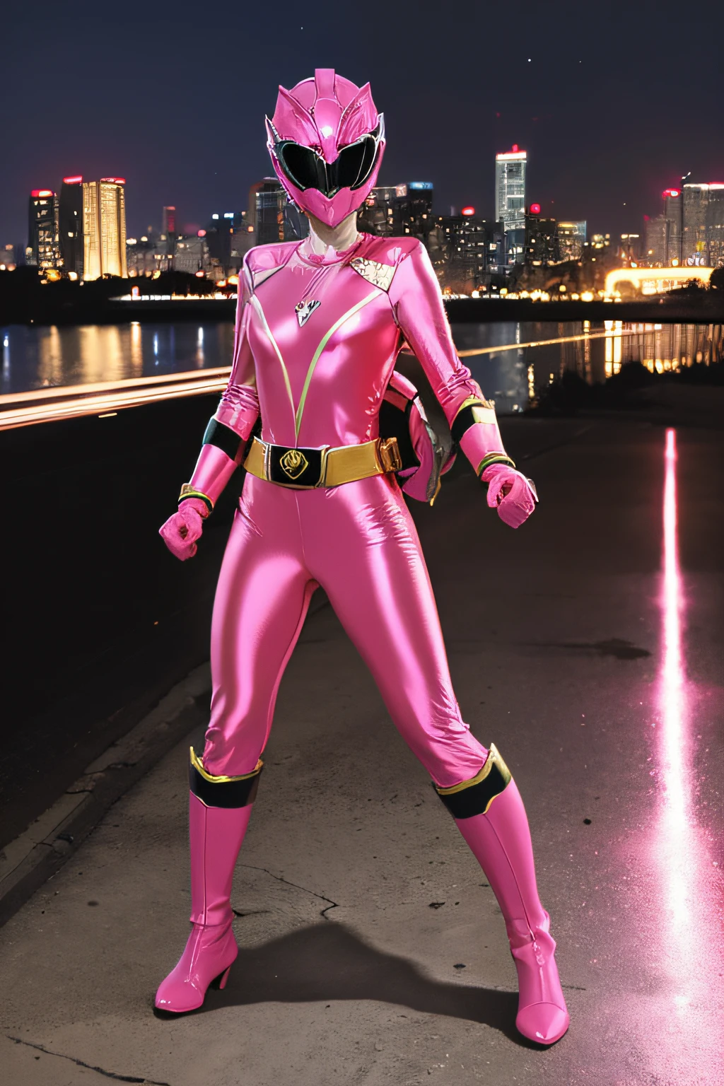 masutepiece, Super Detail, Best Quality, hight resolution, ((Anatomically correct)), power ranger, one girls, (Very shiny pink helmet and suit), Outerwear as much as a miniskirt, fighting poses, ((Big city at night in the background))