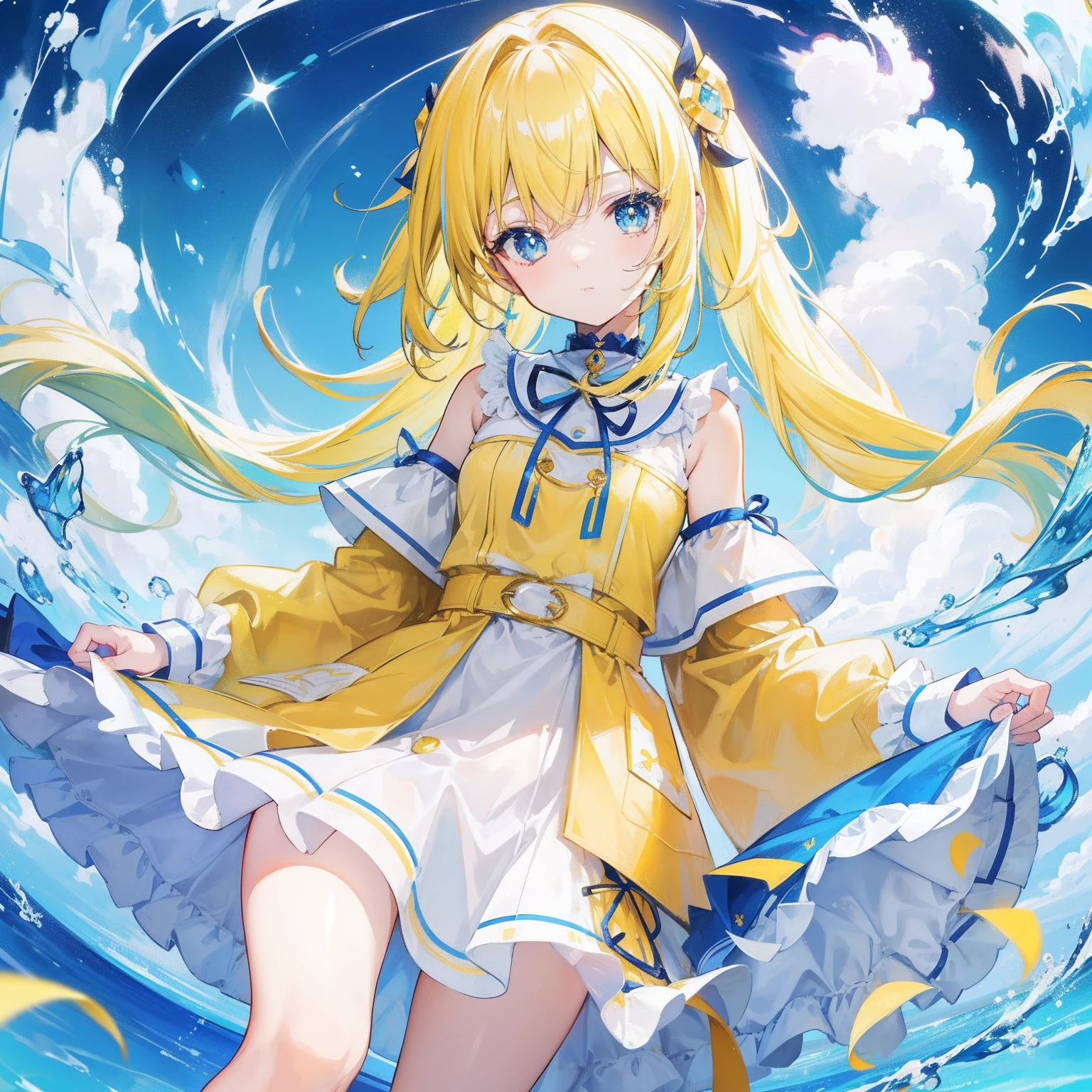 Glowing light bluish yellow with hair and pupils,Clothes in blue, yellow and white,Sweet girl,The whole is shining