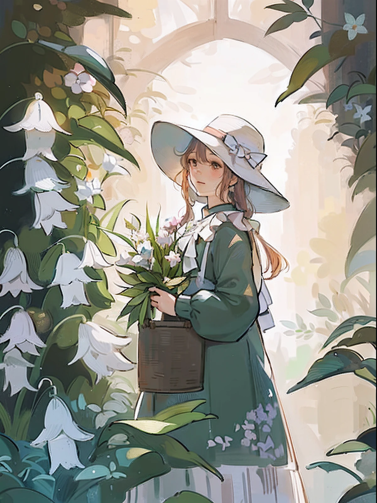 there is a woman in a hat and dress holding a basket of flowers, a maid in a magical forest, artwork in the style of guweiz, guweiz, by Yang J, by Ye Xin, she is the center of the garden, anime visual of a cute girl, beautiful character painting, beautiful illustration, a beautiful artwork illustration, by Chen Lin