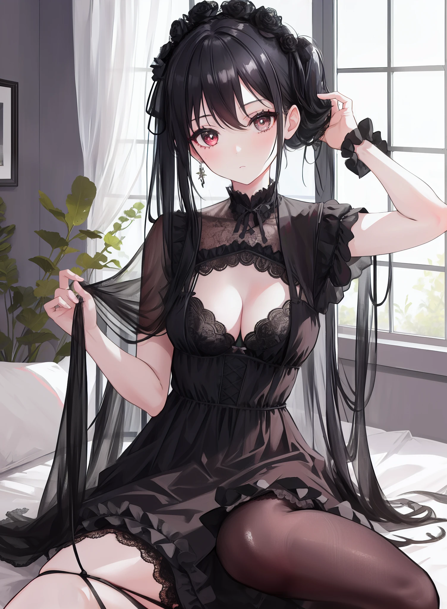 1girl, beautiful black dress, ta style, lace, cleavage, tying a hair, in the room with a window, legs