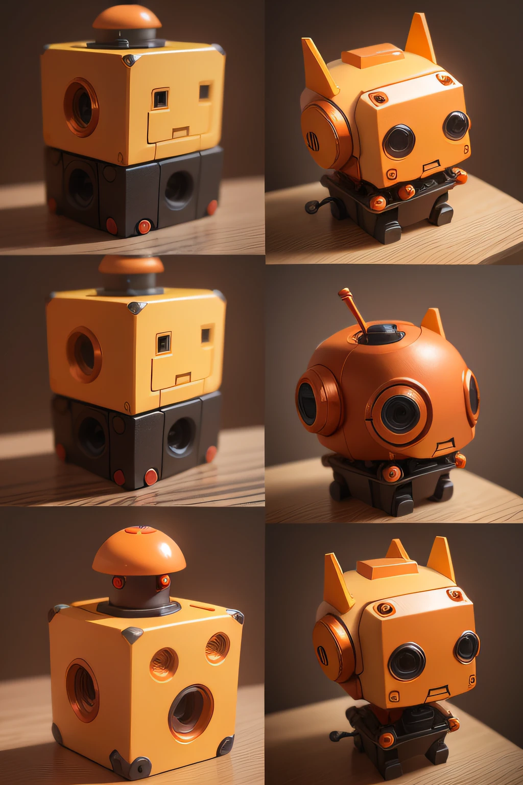 Cute little square robot，Orange-red，It has details of a die-casting machine and a robotic arm。Generate a positive view、Side view and three views of rear view。