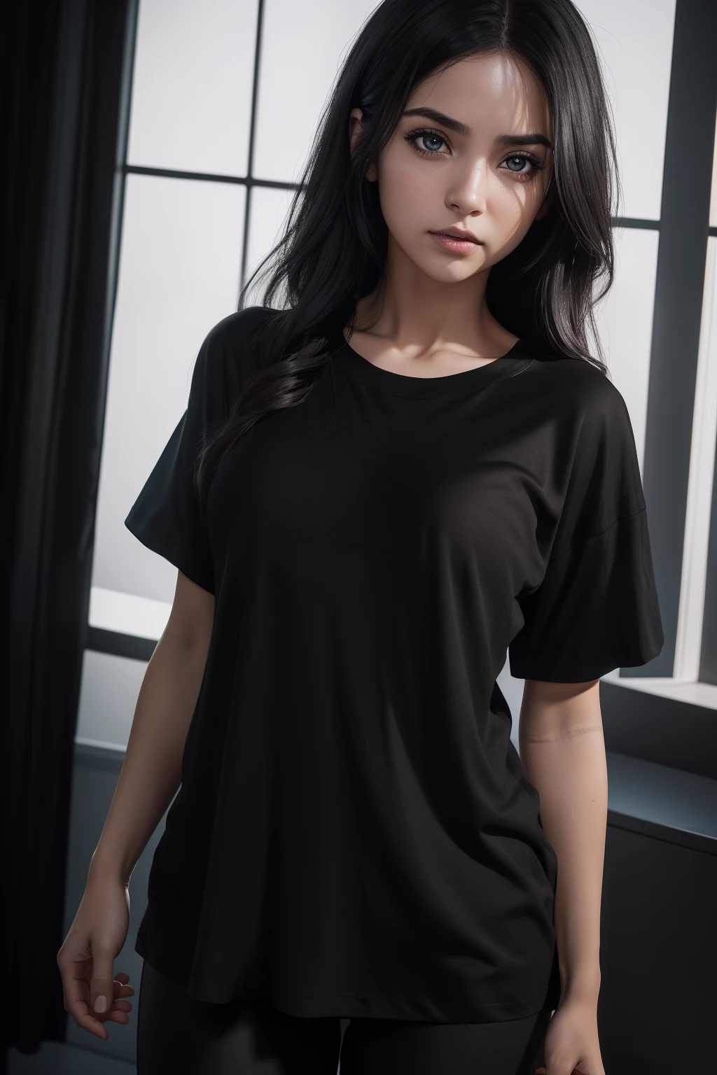 RAW photo, 1 girl, (portrait: 1.2) full body, cute woman in ( black T-shirt pants),(((black oversized t-shirt:1.3))), (high detail big eyes: 1.2), 8k uhd, DSLR, soft lighting, high quality, film grain, Fujifilm XT3,(from front:1.3),(indian face),hyper detailed,16k,hyper realistic high resolution, photo realistic, cinematic render, 35mm, Nikon D750, Magnification, 4D, 16k, Studio Lighting, Beautiful Lighting, Polished, Soft Body, Cellular, De-Noise, super sexy, hyper realistic