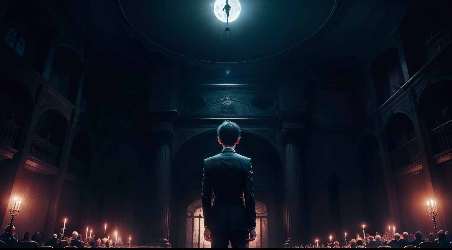A boy inside a dark and creepy mansion at night looking at a sinister orchestra, Music notes, music, Horror music, cores escuras e sombrias, Magic Flashes, Floresta de Cristal, moon illumination, magic lights, cinemactic