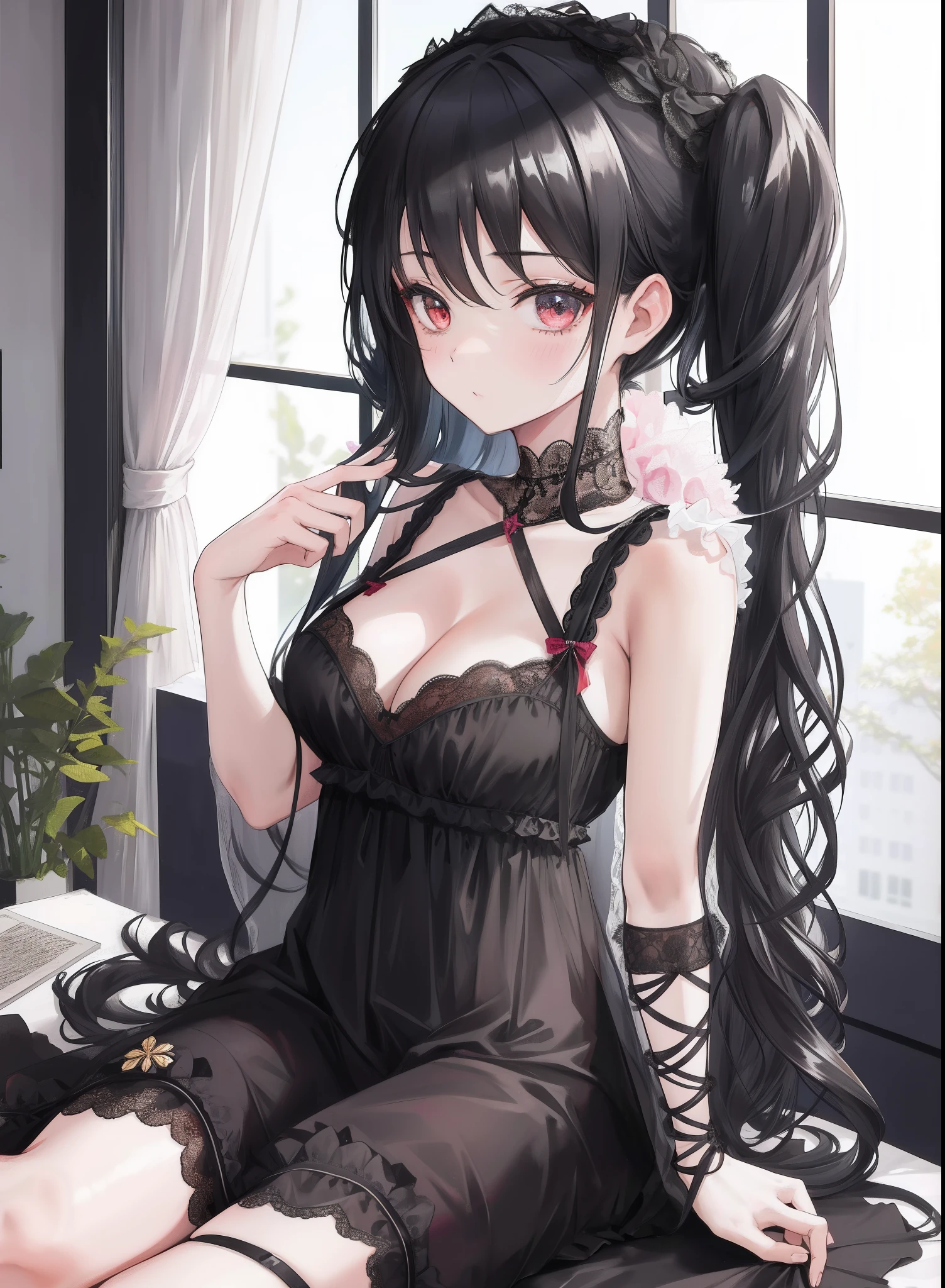 1girl, beautiful black dress, ta style, lace, cleavage, tying a hair, in the room with a window, legs