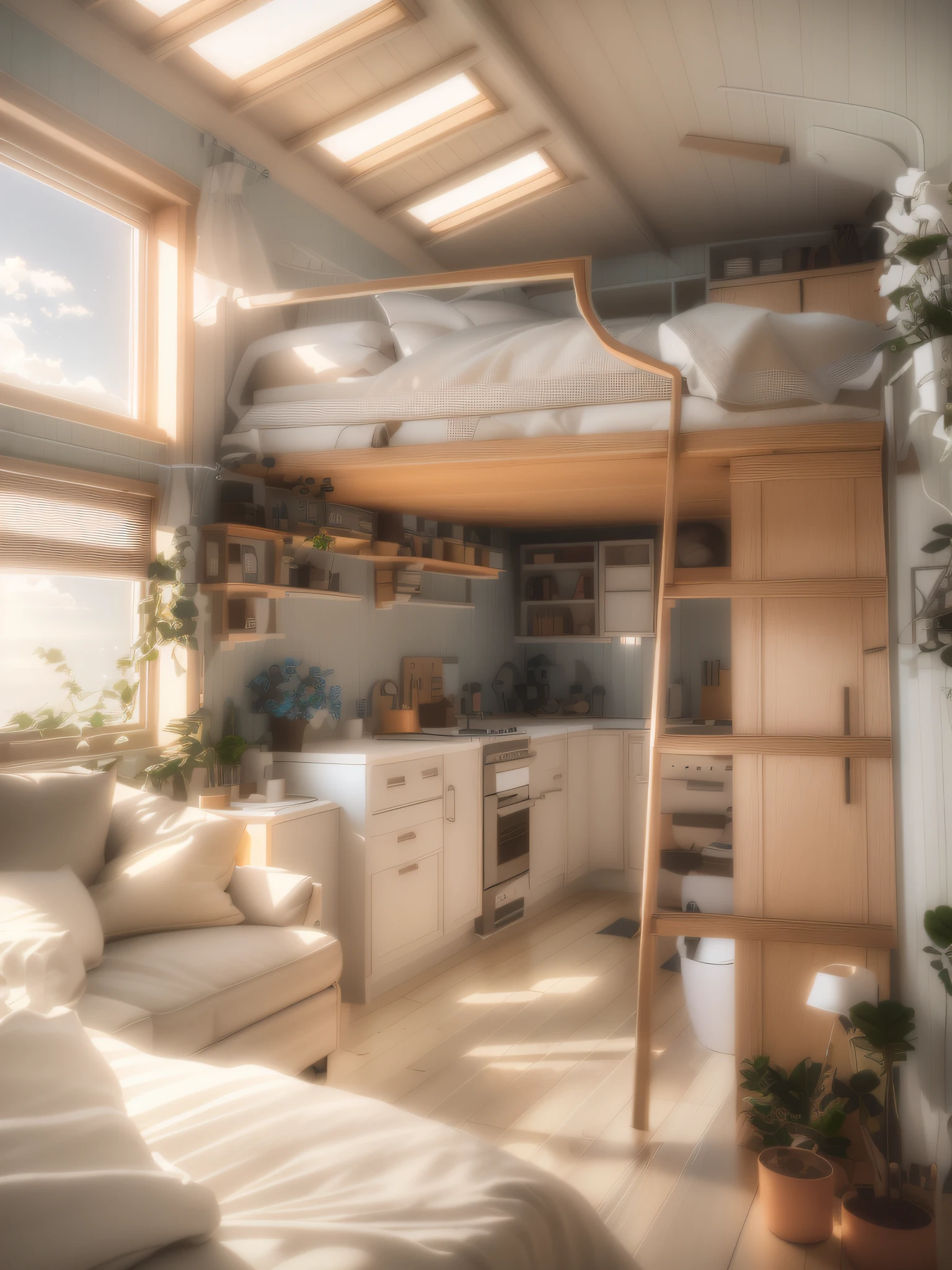 There is a loft bed with a ladder in the middle of the room, stylized 3d render, designed for cozy aesthetics!, Lodge, cozy home background, super detailed render, fully detailed render, stylized as a 3d render, rendered in 3 dsmax, Rendered in V-Ray, very detailed render, highly detailed render, picture of a loft in morning