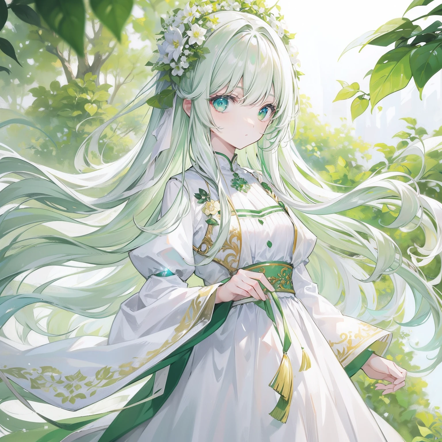 green color,long whitr hair,White,Milky white clothes