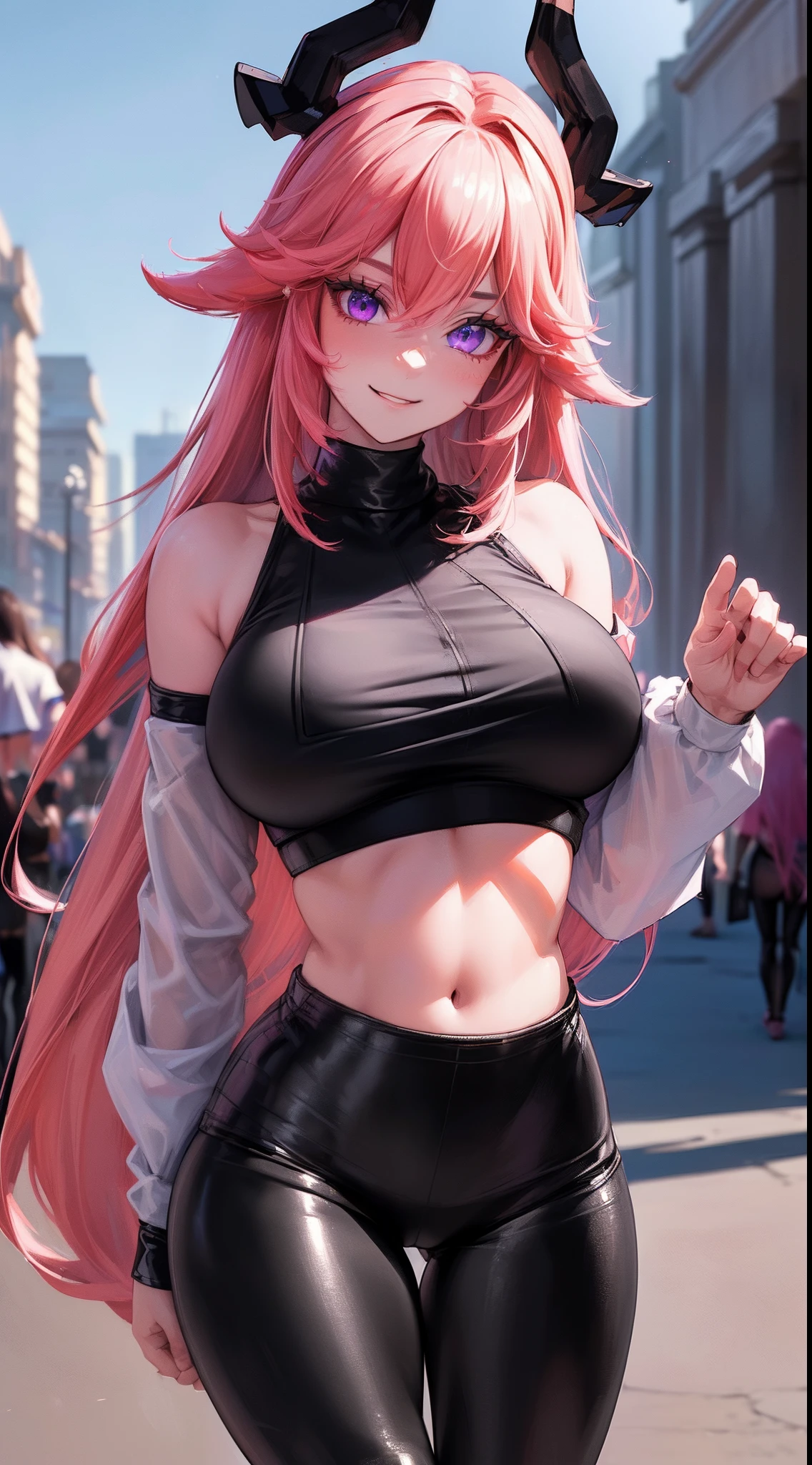 Long pink hair, red eyes, hot pants, bra, shoulder free, large breasts, sexy pose, flirting