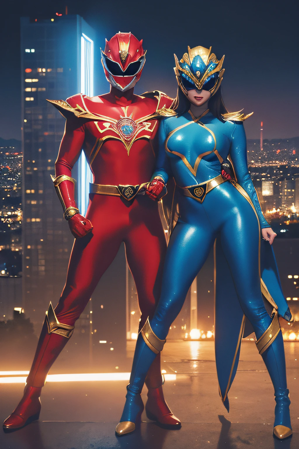 masutepiece, Super Detail, Best Quality, hight resolution, ((Anatomically correct)), power ranger, one girls, full body Esbian, (Very shiny blue helmet and suit), a miniskirt, fighting poses, ((Big city at night in the background)), Pattern of thick lines on the upper body