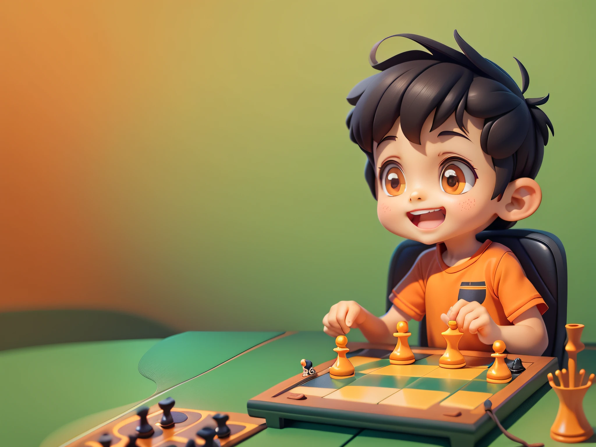 A play chess, orange shirt, brown shorts, black hair, smiling, clean background,