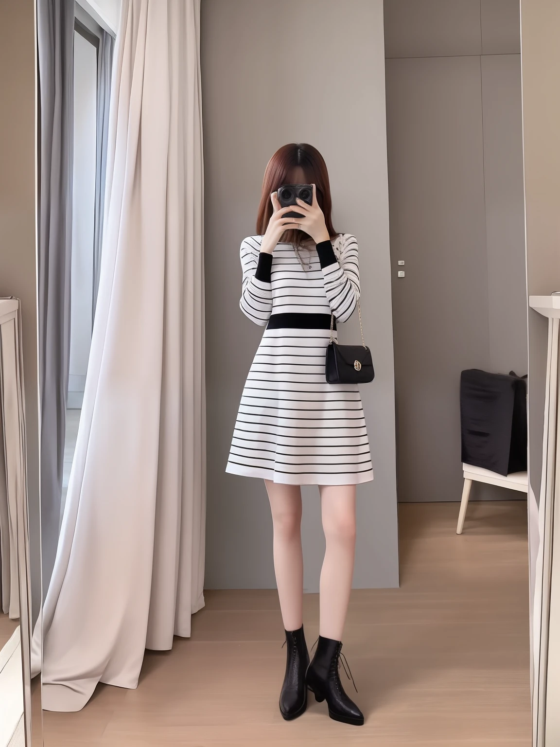 there is a woman taking a picture of herself in the mirror, ( ivory black ), 8 k'' ), Detailed picture, light half opened dress, lookbook, is wearing  dress, dress, list, mediating, Cute dress, Short dress, Full body picture, 155 cm tall, trendy dress, 2263539546]，Keep the shape of your clothes the same，White model