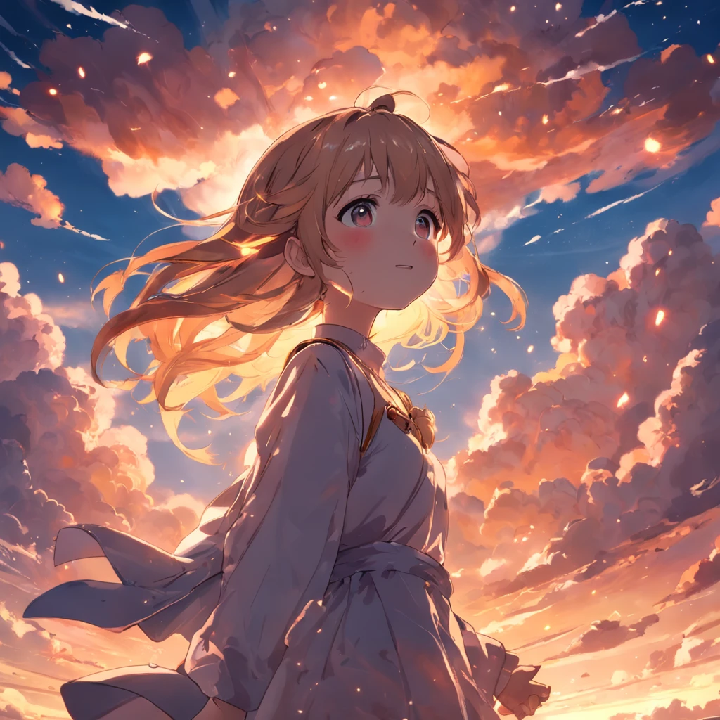 masterpiece, best quality, movie still, 1girl, cloud girl, floating in the sky, close-up, bright, happy, warm soft lighting, sunset, (sparks:0.7)