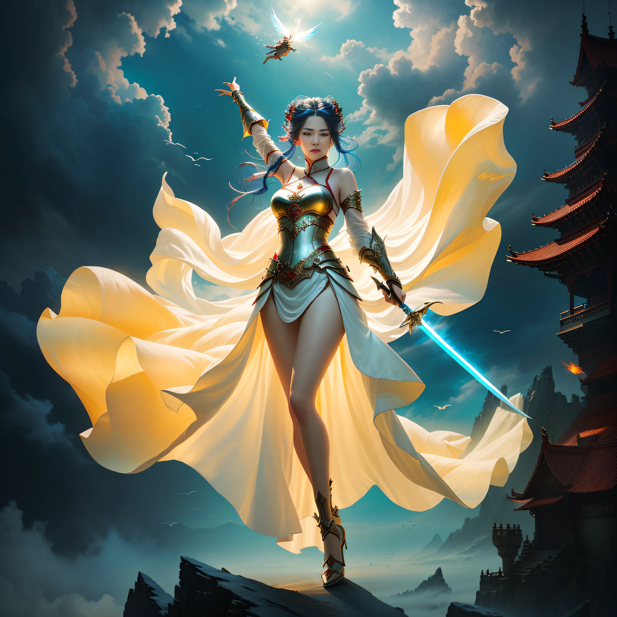 A greedy woman in a red dress holds a sword,Fly in the air,Detal Face,Cold face, dramatic lighting fantasy, beautiful fantasy maiden, Fantasy Woman, fantasy character photo, Chinese fantasy, Ethereal fantasy, fantasy beautiful, beautiful fantasy art, cloud goddess, she is holding a sword, Oriental fantasy, she is approaching heaven, Fantasy photography, anime goddess, warrior princess