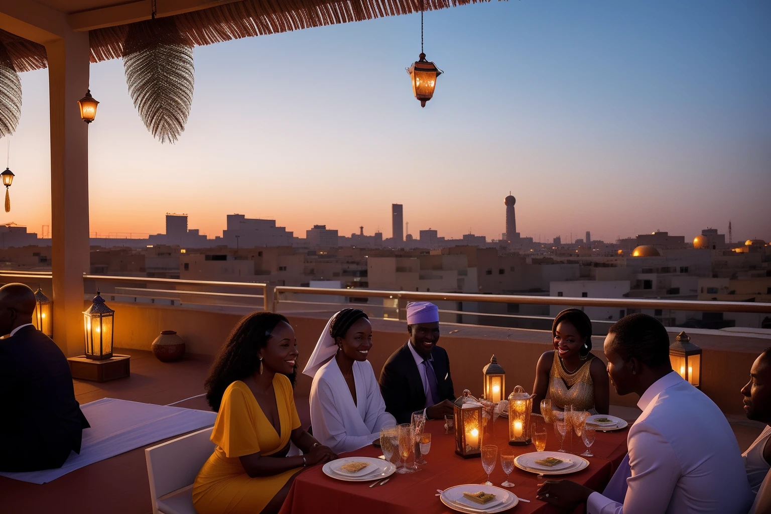 Year: 2023
Country: Senegal
Description: At an elegant rooftop soirée in Touba, guests enjoy a panoramic view of the city's skyline. As the sun sets, the warm glow of hanging lanterns illuminates a gathering of dignitaries, sharing stories and laughter against the backdrop of the sacred city.