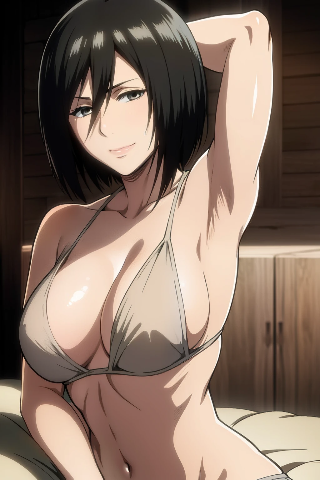 dazzling, Armpits, intricate detailes, 1girl in, Mikasa Ackerman, (A dark-haired:1.3), hair between eye, short-haired, sideburns, s lips, shut, yui, s lips, ​masterpiece, best qualtiy, , Bathing, hason, Baezon, black eyes, , Black eyes, muscle, medium breasts, smil