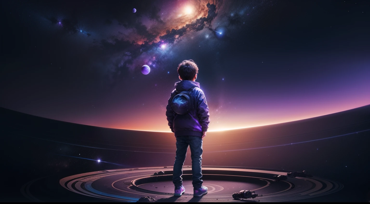 panorama where the child is close-up, stands in the boundless space and looks at the planets, vector graphics, illustration, in blue black and purple colors