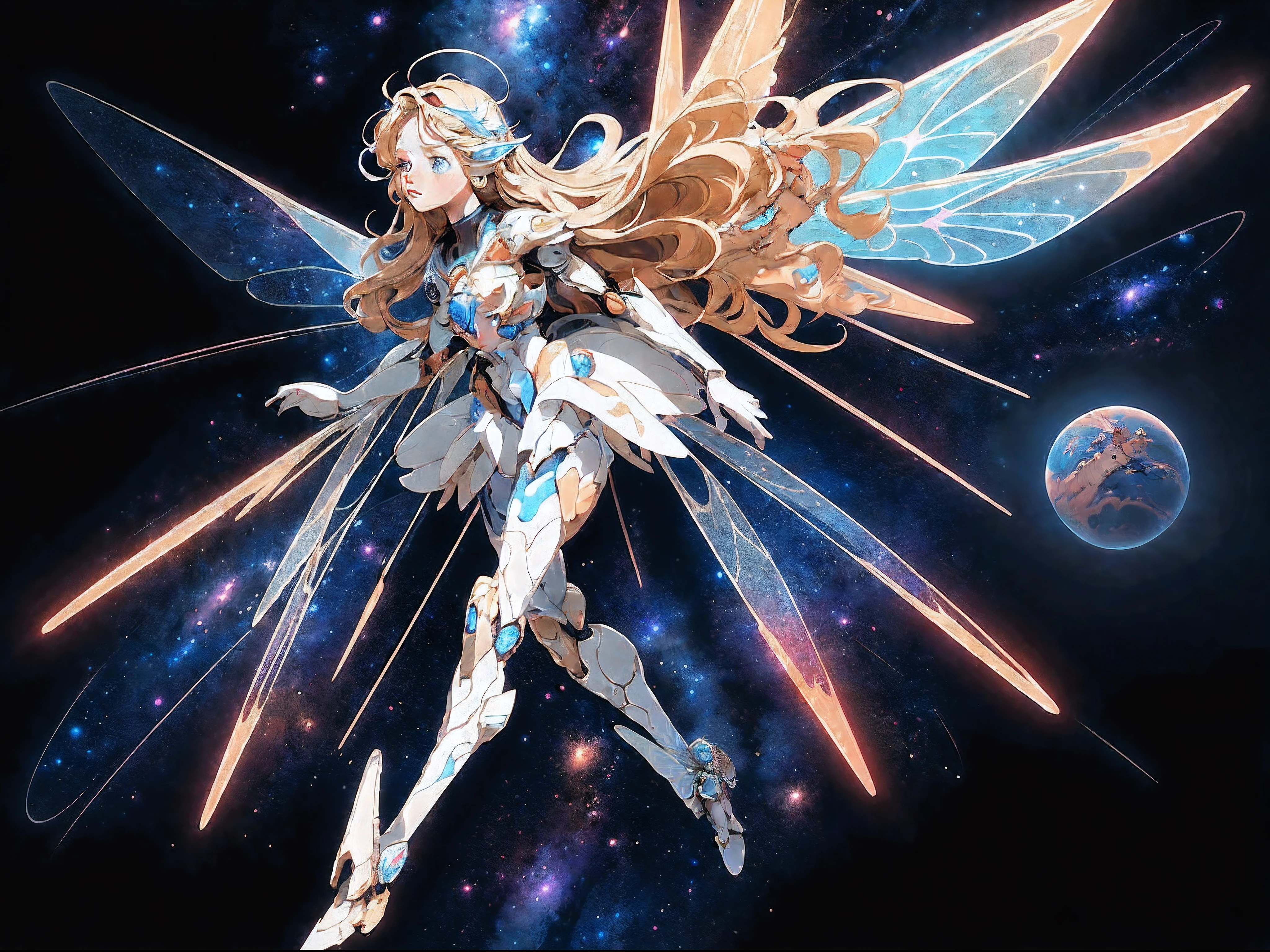 there is an illustration of a fairy with mecha parts fairy_wings floating on Mars looking into space seeing the vast of stars and space, full body shot, blond hair, long hair, blue eyes, ultra detailed face, space and stars as background, sense of infinity,
