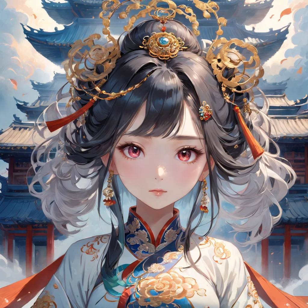 Dark majestic Chinese palacebackground, sky clouds andswirls, a beautiful girl standingin the center of the palace, theground is full of fog,traditionalChinese costume jewelry, acrylicoil painting, light white and lightsilver,gold, elaborate costumes,
photos, traditional costumes,eye-catching details,the best
quality. --niji 5 --s 180 --style
expressive