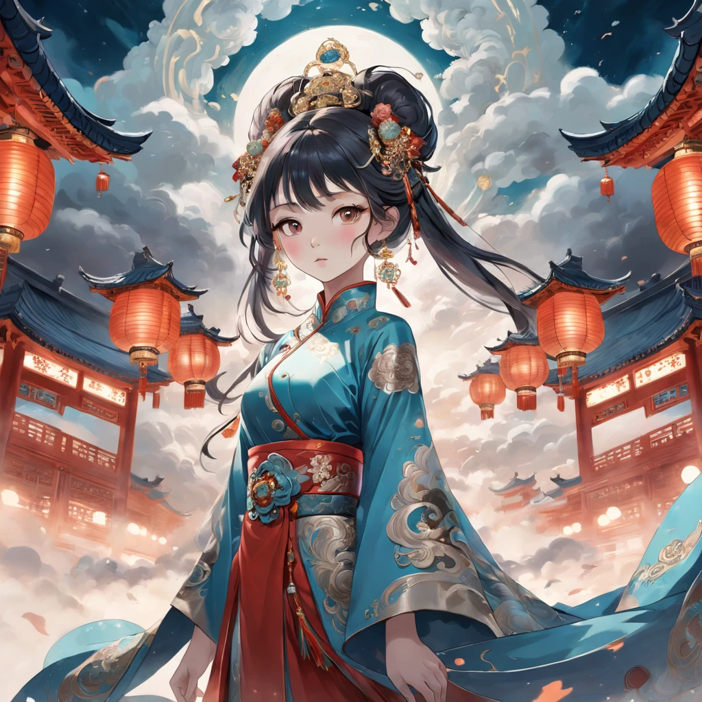 Dark majestic Chinese palacebackground, sky clouds andswirls, a beautiful girl standingin the center of the palace, theground is full of fog,traditionalChinese costume jewelry, acrylicoil painting, light white and lightsilver,gold, elaborate costumes,
photos, traditional costumes,eye-catching details,the best
quality. --niji 5 --s 180 --style
expressive