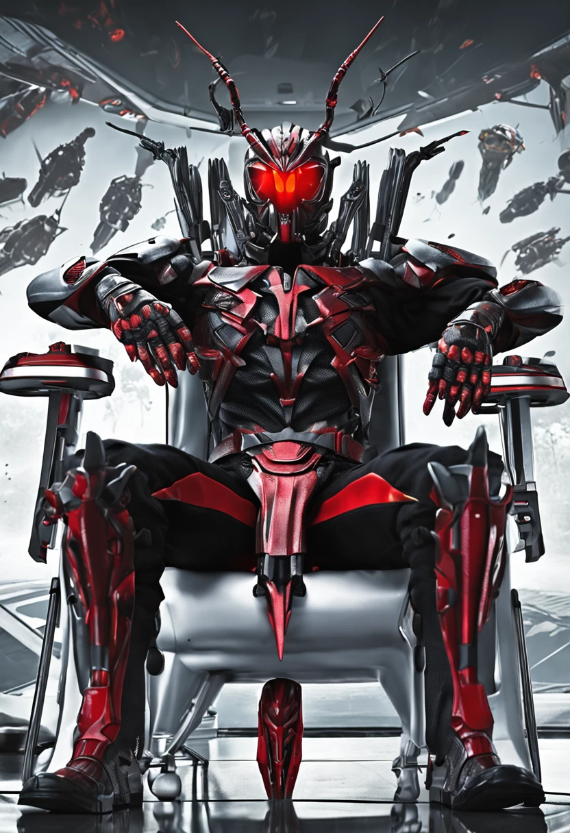 cool design, act ego style,sit at dark  rock chair like a king size,  with sword, a cyborg with insect head like henshin kamen rider, weAR DARK BLACK JACKET, HAND GLOVES DARK RED COLOR, BIG EYES RED COLOR EYES, GIT INSECT ETERNAL, BIG SHOULDER ARMOUR, SLIM FIT JENS PANTS, HIGH ROCK BOOT, 8K RESOLUTION, HYPER REALISTIC, HYPER DETAILS, vignettes apply, foggy around, depth of field, cinematic lighting, analog diffusion color concept, cyber tech, at broken moon galaxy as a background,