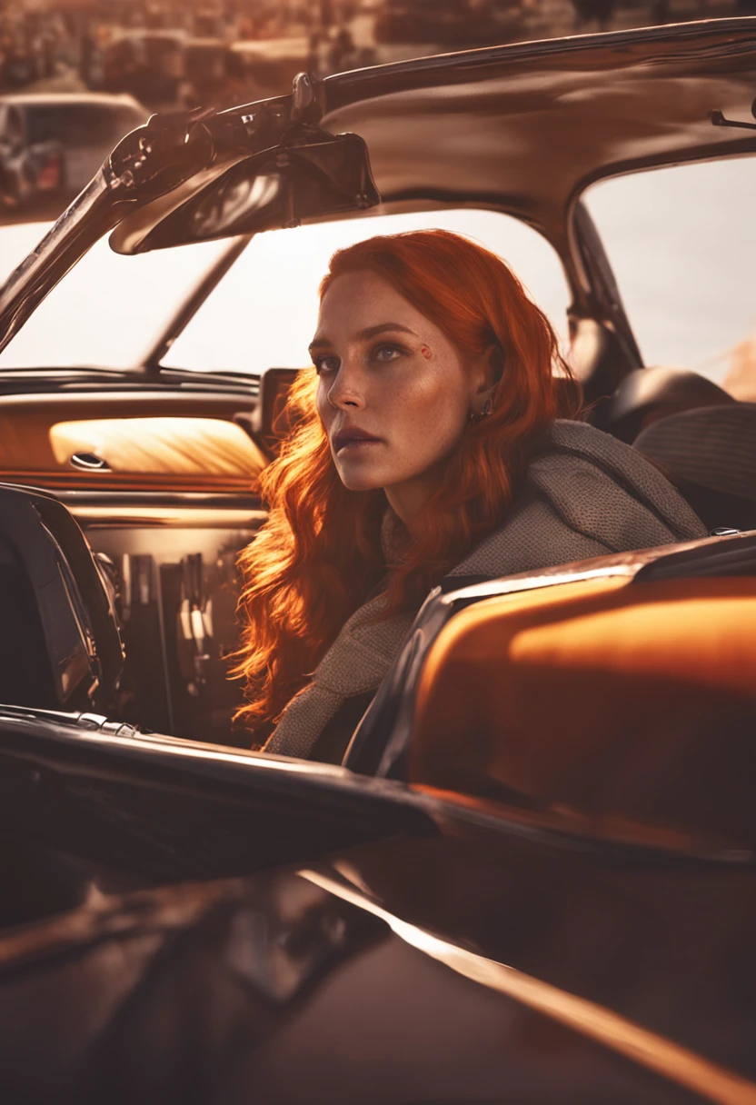 Natural redhead woman, mistic, Simulating horror, Inkjet printing, Polaroid, Octane rendering, Soft focus, Badge, Orange colors, hallyu, Golden hour lighting, Ultra-realistic intricate details, finely detailed, Automotive interior design, rendering by octane, 8K