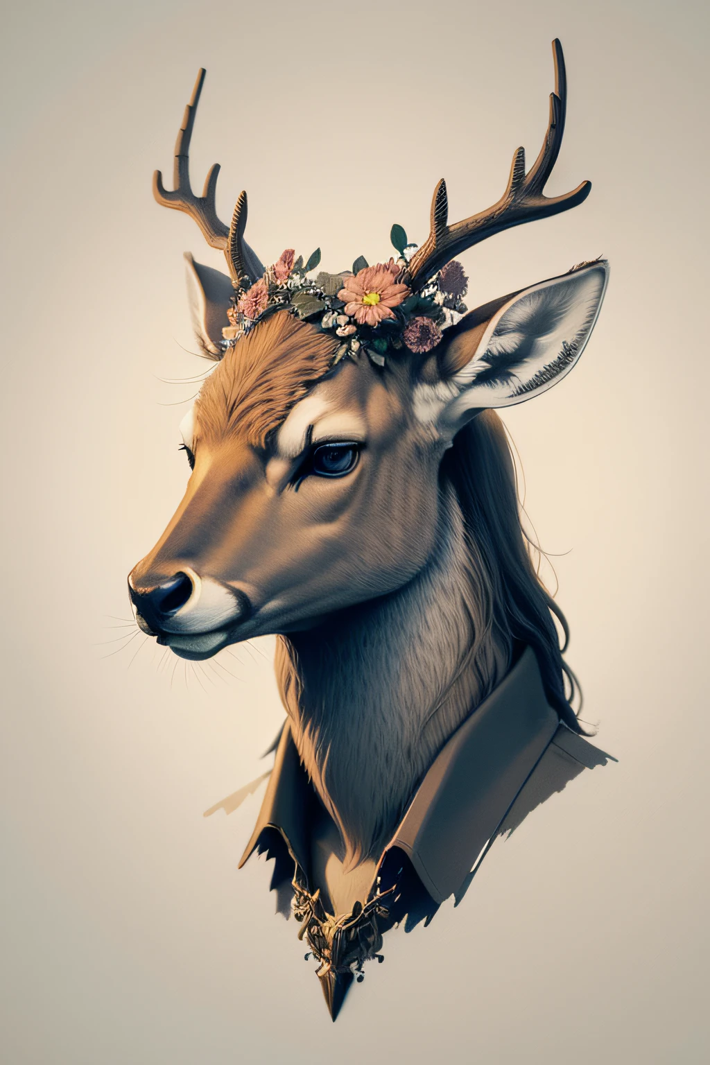 Deer head,Express the courage of a strong deer head,Solid background color,The antlers are large,There are flowers and plants on the antlers,The picture is in color ink style,The ratio of pictures is 2 to 3
