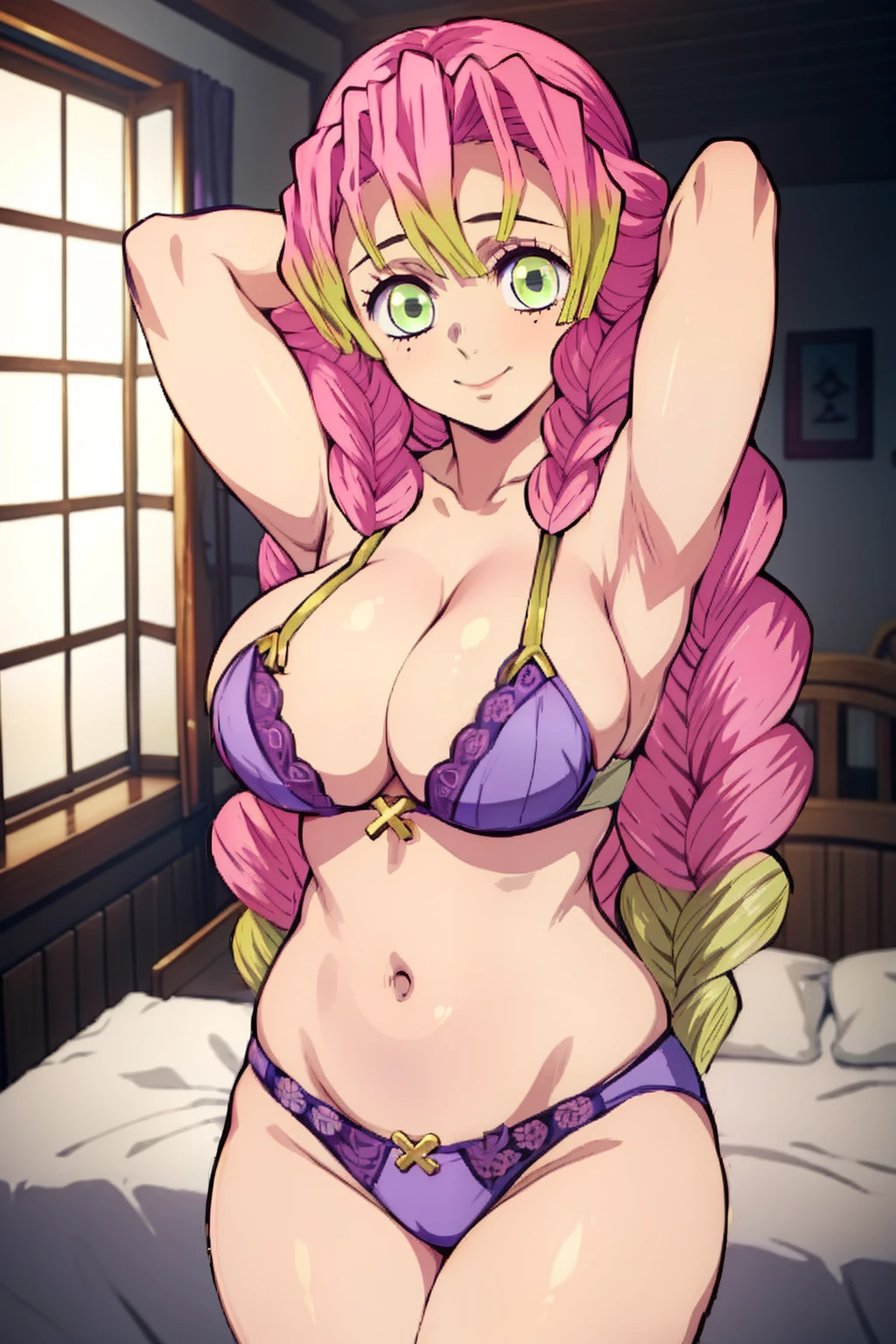 (masterpiece, Better Quality), 1girl in, Mitsurikan Log, Dazzling, smil, Breast, Armpits, Belly, muscle、Purple underwear、Lace underwear、Voluptuous body、Cross your arms behind your back、(bedroom)