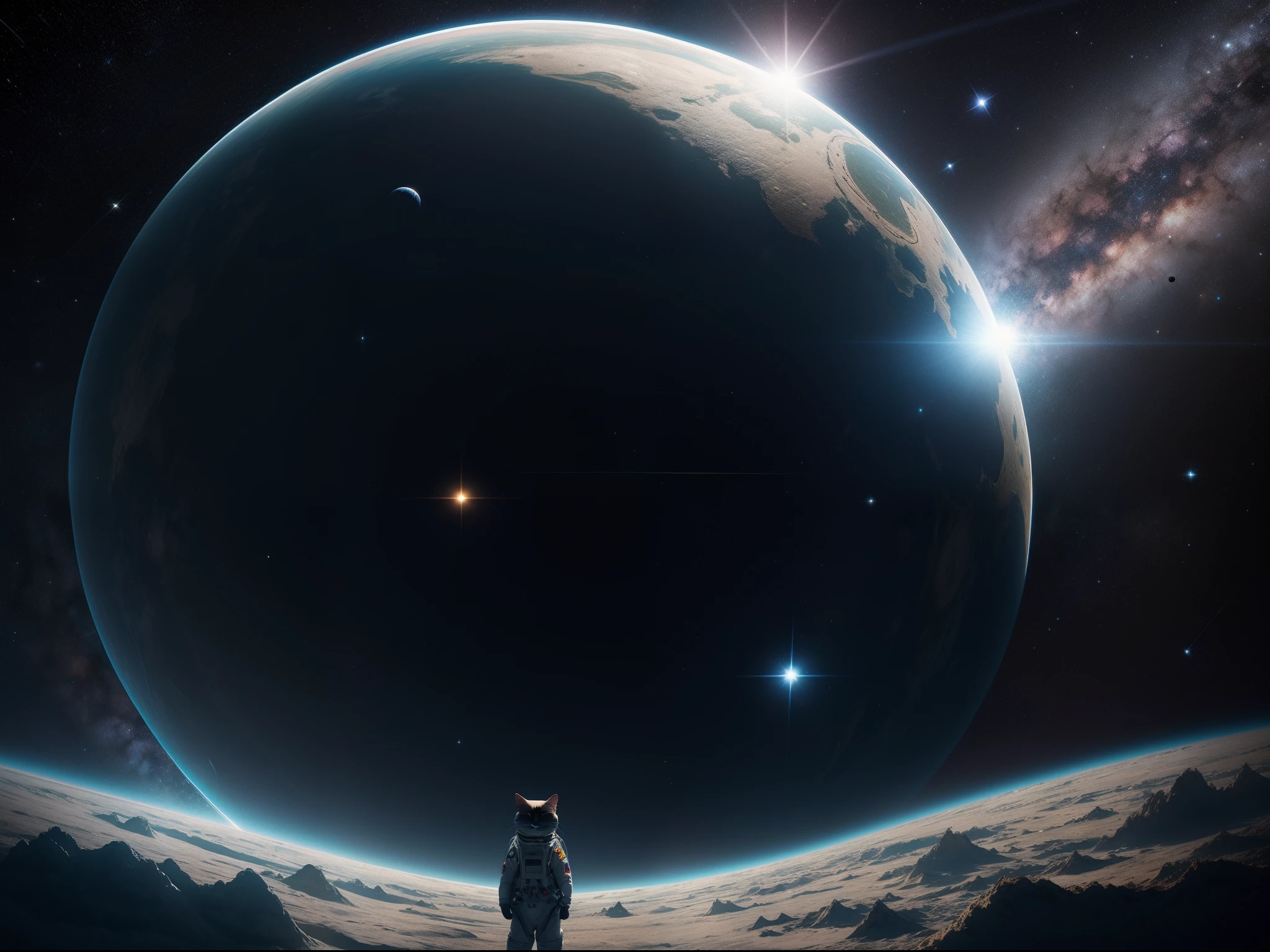 A cat in a spacesuit with a space helmet walking on a planet of wool balls. small round planet floating in the sky. The garden of my stars, An extremely delicate and beautiful creation, espace interstellaire, nebula, glinting stars, horizon sans fin, voyage intergalactique captivant. Captured in the style of photography by Thomas Barbèy, panorama.