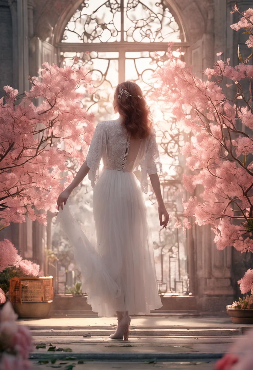 ((Best Picture Quality, 8k, tmasterpiece:1.3)), Realistic painting style，1girl, Beautiful woman with slender abs:1.3, Long pale chestnut hair with curly hair, White tulle dress:1.1, Ultra-fine face, Detailed eyes, 二重まぶた，ssmile，Thick eyelashes，Home，Do not show your hands