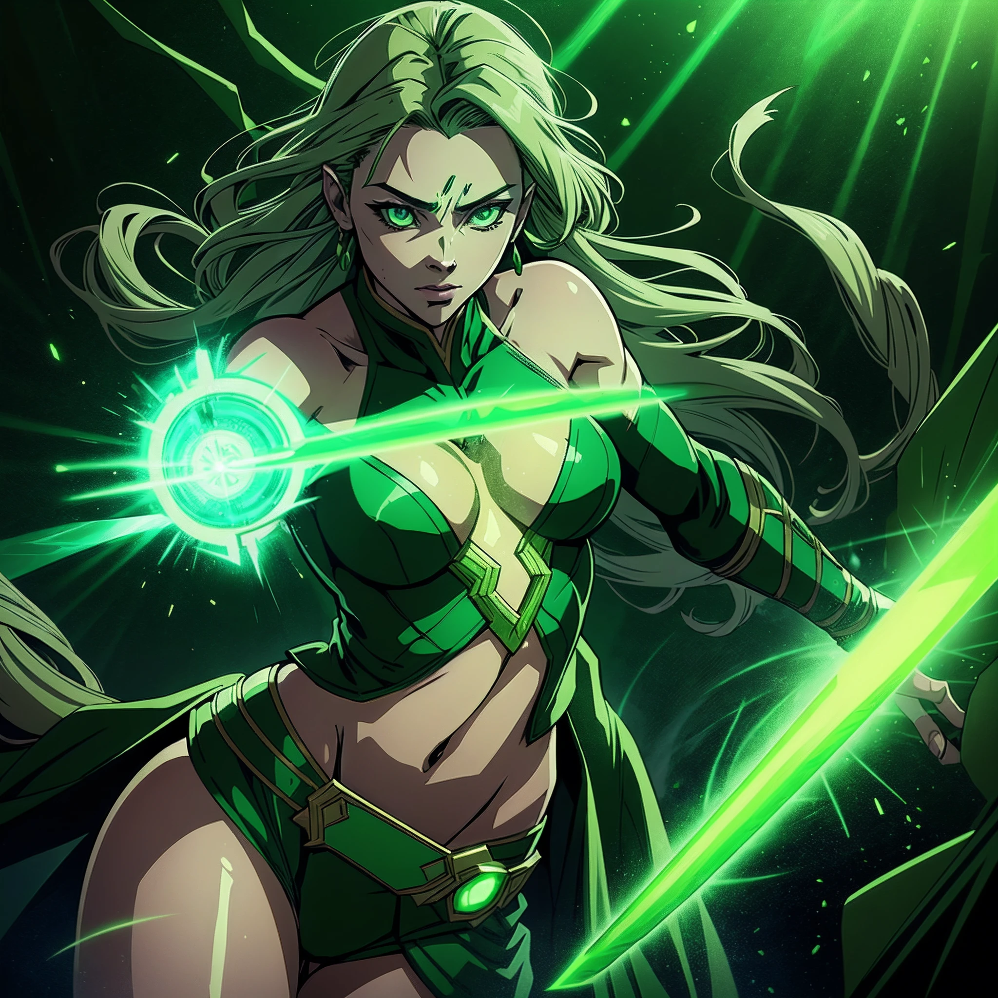 woman, age 25, anime cell shading, inspired from loki, loki costume, green magic, green aura, green glowing eyes, holding a magical sceptre, lies, deceptive background, intense, intricate details, masterpiece, highly detailed