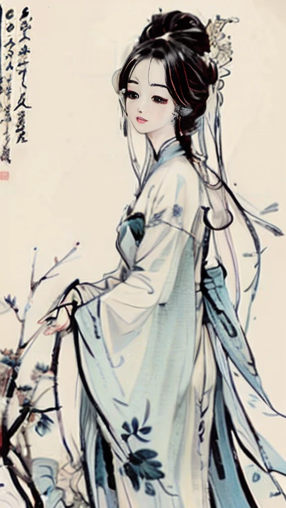 Blue and white porcelain style,hanfugirl,ancient china art style,Elegant woman,