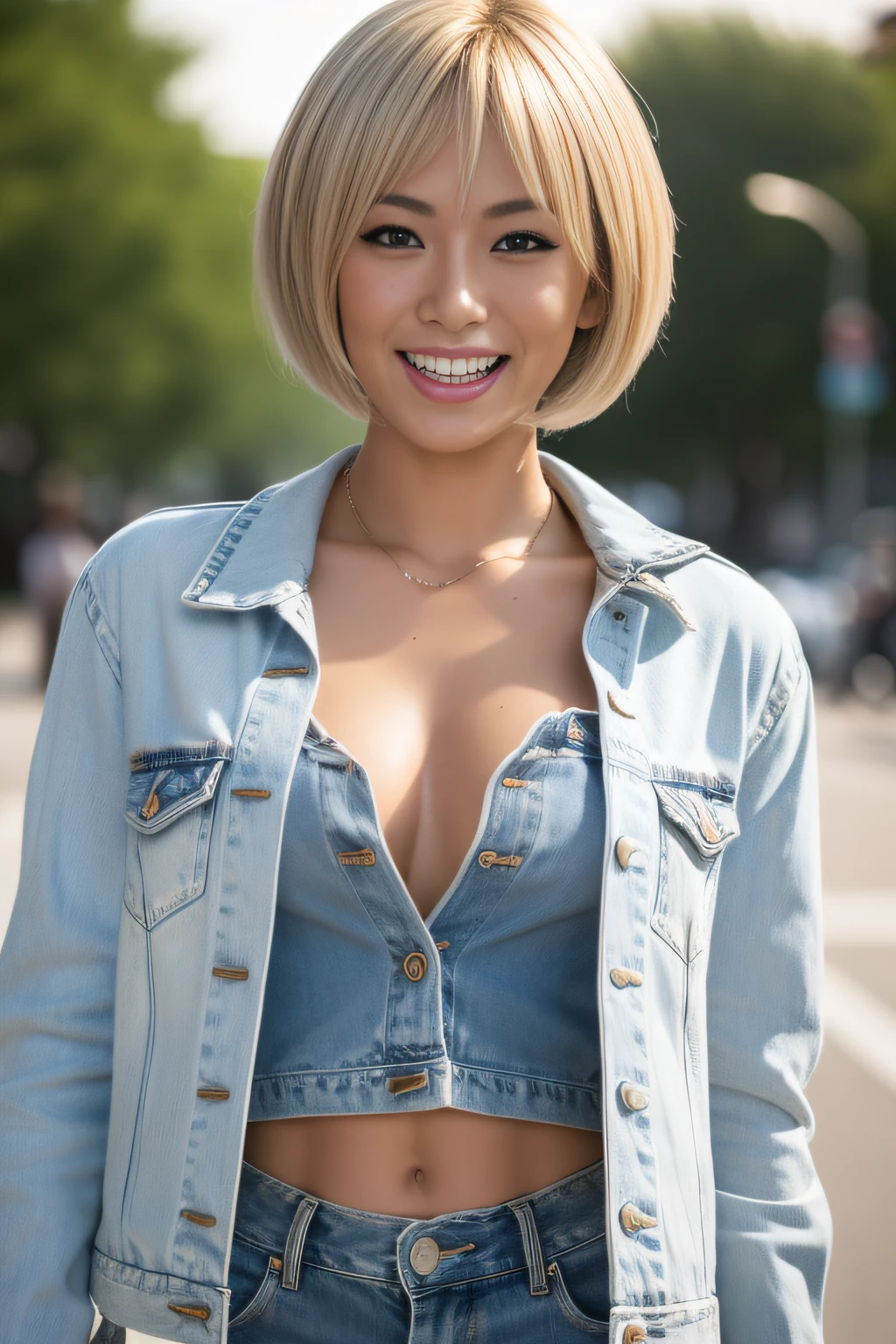 (Masterpiece, BestQuality:1.3), (ultra detailed 8k cg:1.2), (hyperrealistic:1.35), (Photorealistic:1.45), (realistic:1.4), COWBOY SHOT, 1 beautiful Japanese girl, 22 years old, (blond hair:1.2), (very short hair:1.2), (tanned skin:1.5), black gal, flat chest, (gyaru makeup:1.3), (looking at viewer), dynamic lighting, (laugh:1.3), cinematic angle, looking back, denim shorts, white gyaru jacket, downtown,