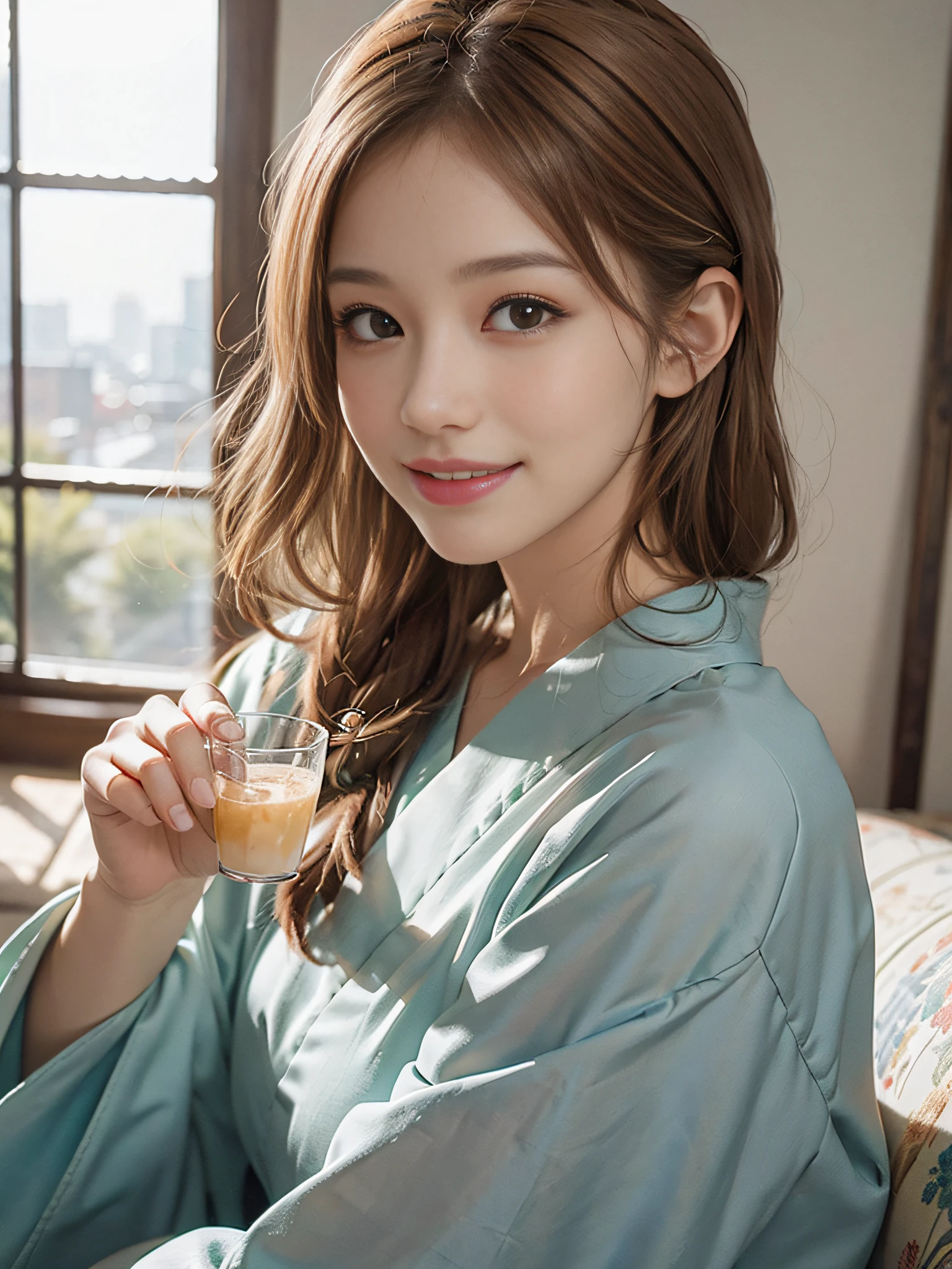 masutepiece, Photorealistic, detail, Beautiful blonde hair、swept bangs、To Upstyle、Glamorous,Super beauty、looking happy smile、well-styled、((8K, Raw photo)), Kimono、Staring at the viewer Frontal shot