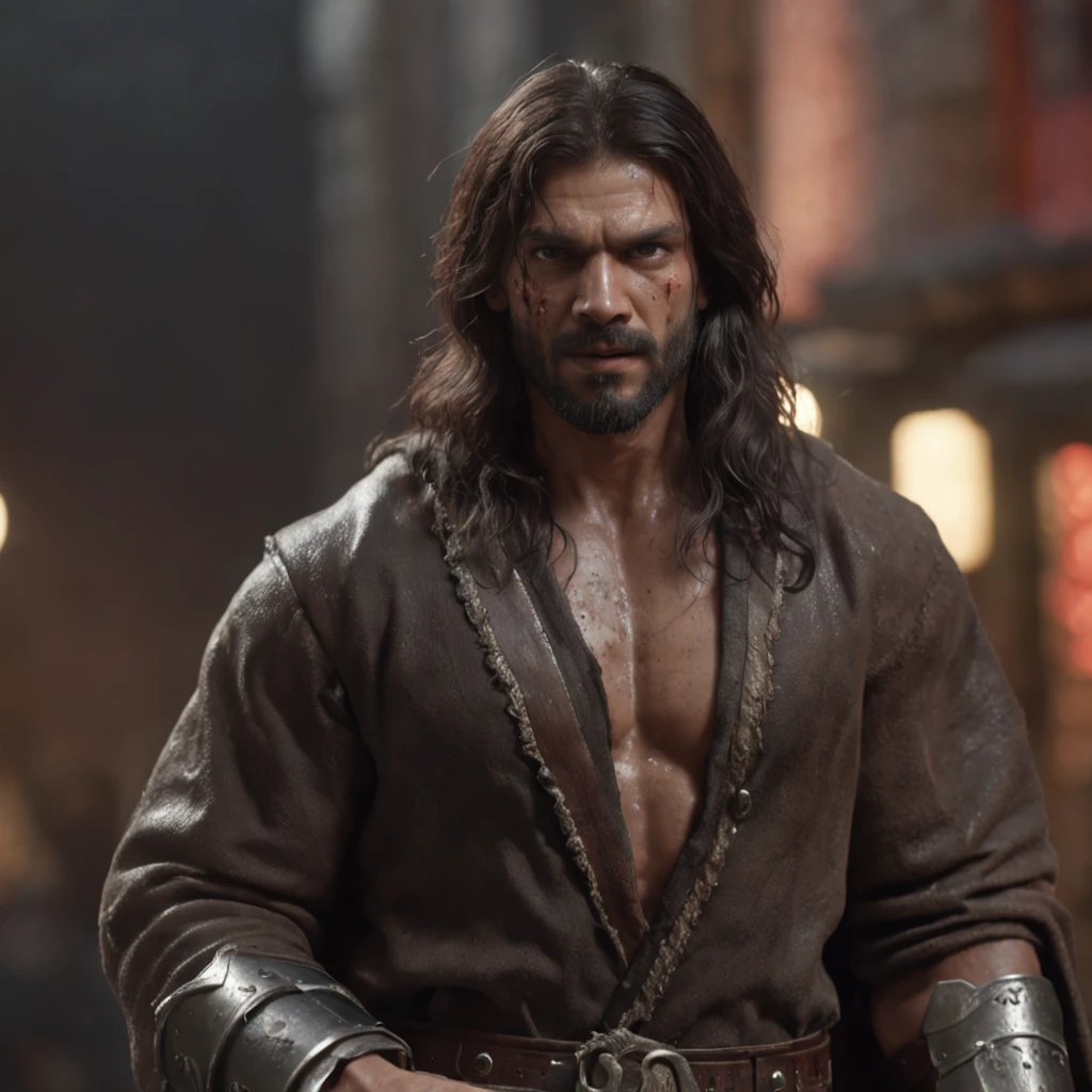 (professional 3d render:1.3) af (Realistic:1.3) most beautiful artwork photo in the world，Features soft and shiny black male heroes, ((Epic hero fantasy muscle man rough wet hero angry look long hair short beard and ferocious expression in dynamic pose, Fantastic location, Majestic cluttered environment)), full body 8k unity render, action  shot, skin pore, very dark lighting, heavyshading, Detailed, Detailed face, (vibrant, photograph realistic, Realistic, Dramatic, Dark, Sharp focus, 8K), (Old leather garments damaged by weathering:1.4), ((((Wear fur)))), (Intricate:1.4), decadent, (Highly detailed:1.4), Digital painting, rendering by octane, art  stations, concept-art, smooth, Sharp focus, illustration, Art germ, (loish:0.23), wlop ilya kuvshinov, and greg rutkowski and alphonse mucha gracias, (Global illumination, Studio light, volumettic light), heavy rain, particles floating, lotr, fantasy, elf, full bodyesbian, ((Dark and ancient city background:1.3)),CGSesociety,art  stations