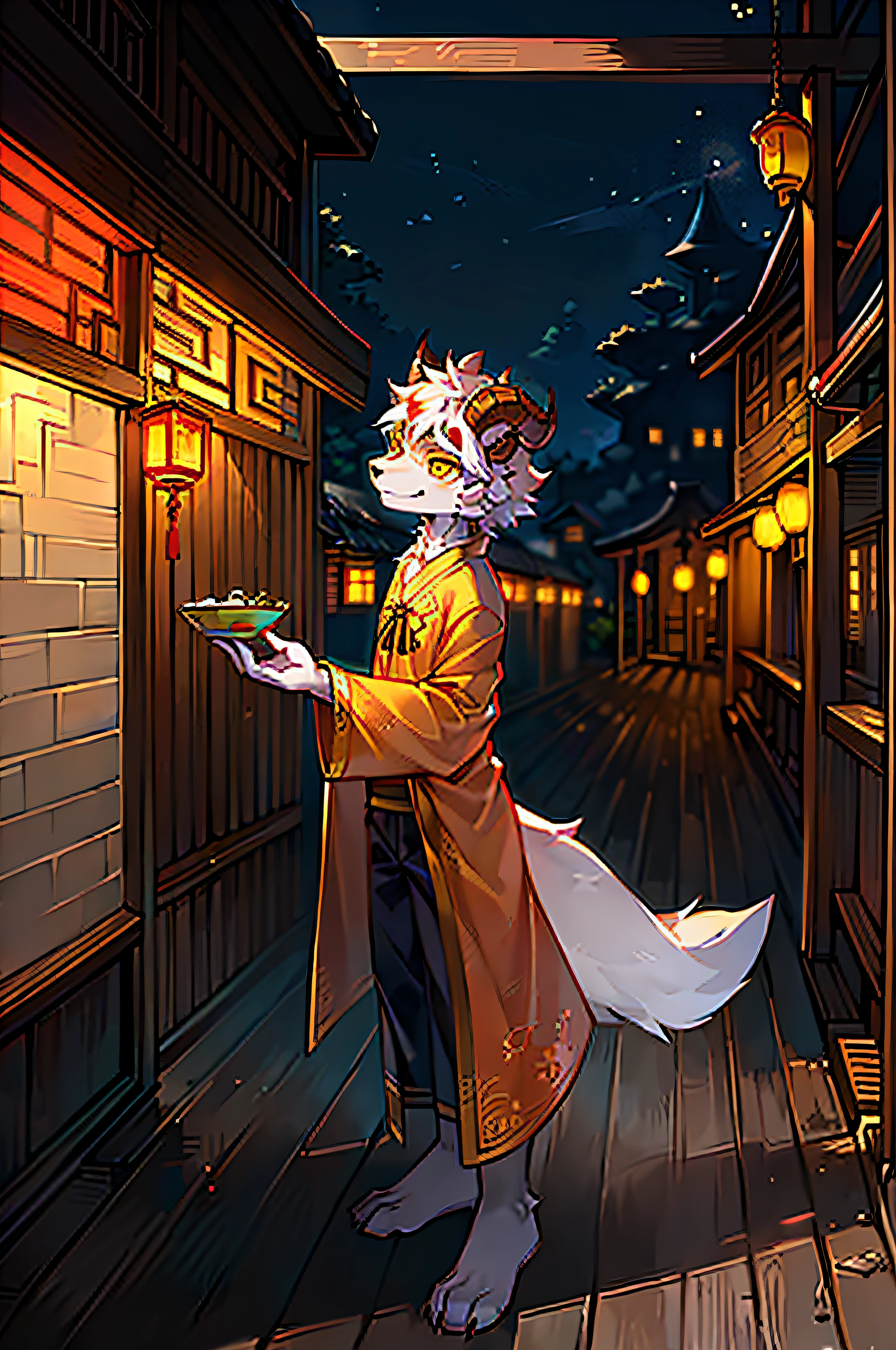 (((picture quality is high:1.1, Lens effect side:1.1, The lens effect looks up:1.1))), A tall, Skinny Wolf standing in a Chinese yard at night,With the horns of a coiled sheep,Wear Chinese robes,The nose is long,Yellow eyes,Red fur,contempt eyes,The eyebrows furrowed,There is a little anger,Head to the side