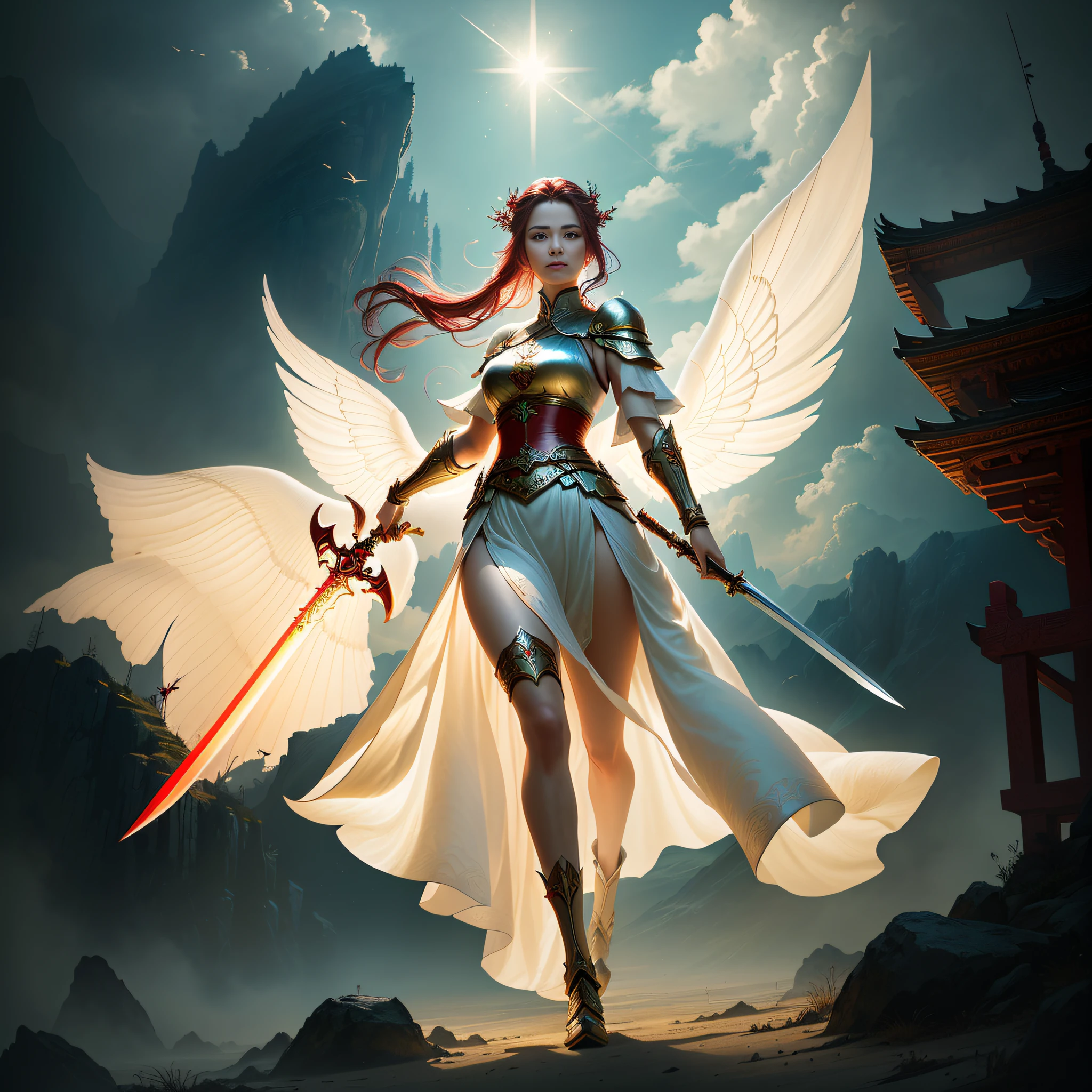 A beautiful woman in a red dress holds a sword，Fly in the air,Detal Face, looks into camera，dramatic lighting fantasy, beautiful fantasy maiden, Fantasy Woman, fantasy character photo, Chinese fantasy, Ethereal fantasy, fantasy beautiful, beautiful fantasy art, cloud goddess, she is holding a sword, Oriental fantasy, she is approaching heaven, Fantasy photography, anime goddess, warrior princess